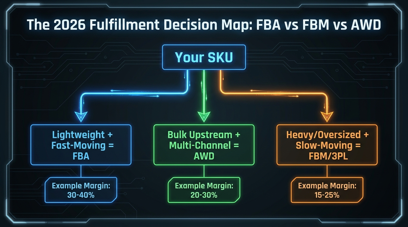 2026 Amazon fulfillment decision map showing FBA vs FBM vs AWD pathways based on SKU characteristics