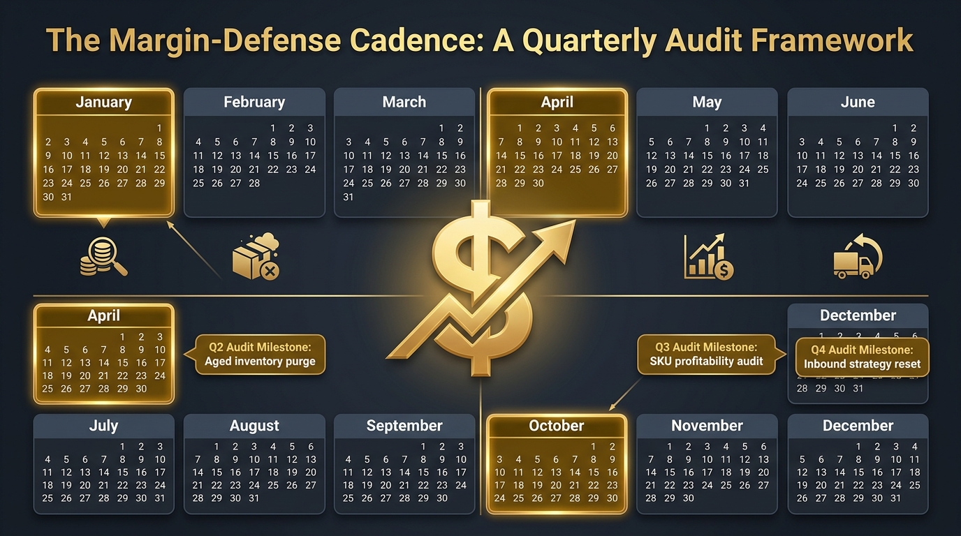 Quarterly audit calendar showing Amazon seller margin-defense checkpoints across Q1-Q4 2026