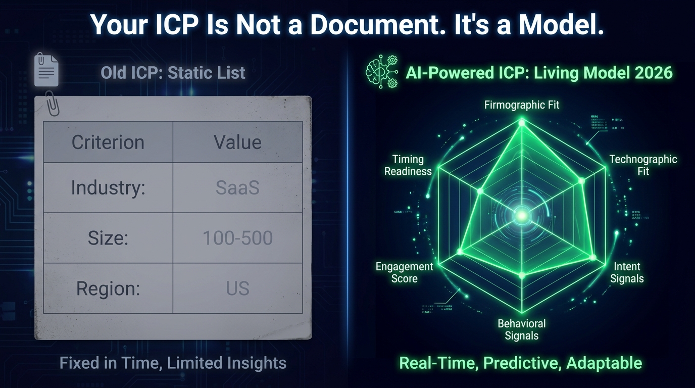 Split-screen comparing a static ICP document versus a dynamic AI-powered ICP model with radar chart showing six scoring dimensions