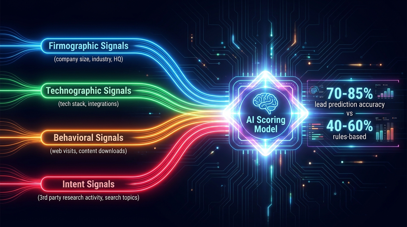 Data pipeline diagram showing four signal streams — firmographic, technographic, behavioral, and intent — merging into an AI scoring model with 70-85% prediction accuracy