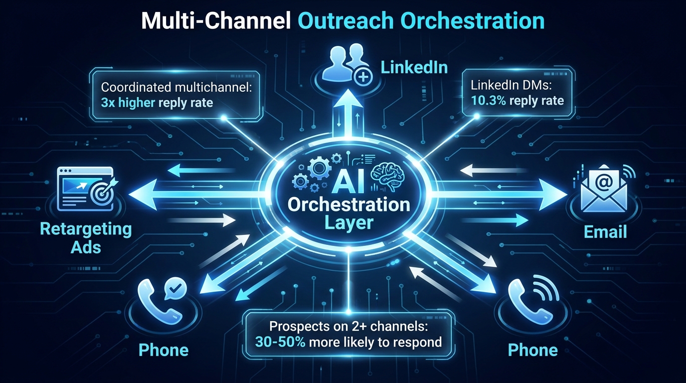 Multichannel AI orchestration hub diagram showing LinkedIn, email, phone, and retargeting channels coordinated from a central AI layer with reply rate stats