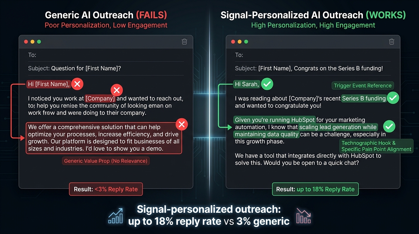 Side-by-side comparison of generic AI outreach versus signal-personalized AI outreach showing what works and what fails in cold email personalization