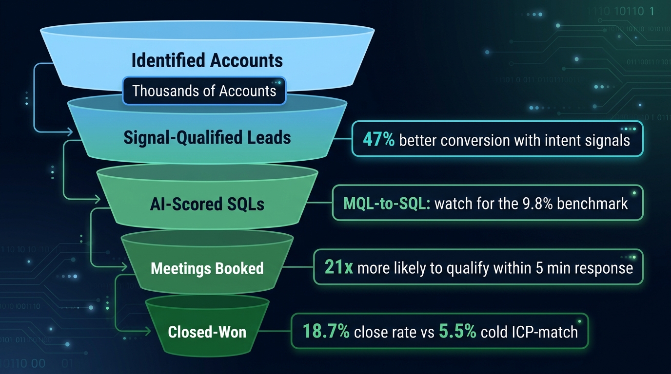 Sales funnel diagram showing AI pipeline velocity metrics at each stage from identified accounts through signal-qualified leads, AI-scored SQLs, meetings booked, and closed-won