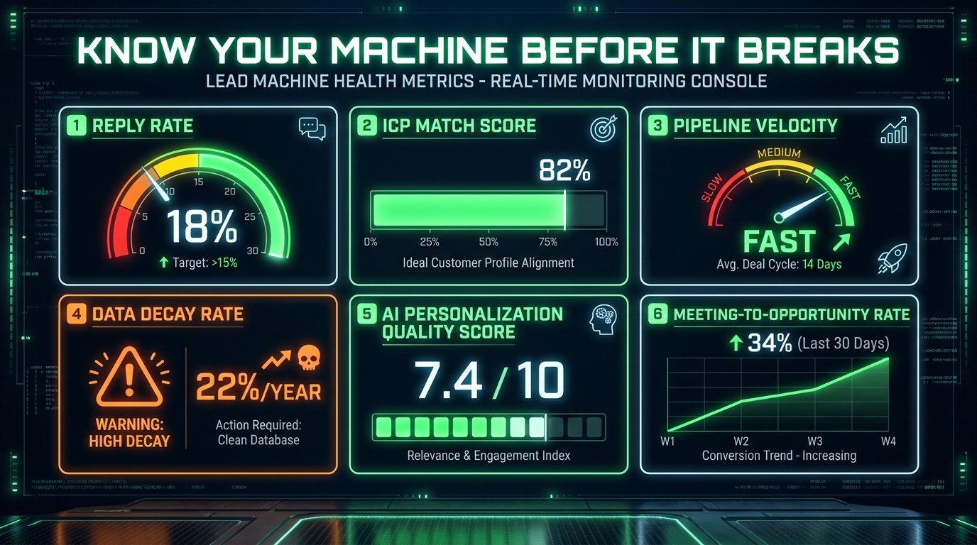 Operations dashboard showing lead machine health metrics including reply rate at 18%, ICP match score, pipeline velocity, data decay rate warning, and meeting-to-opportunity rate