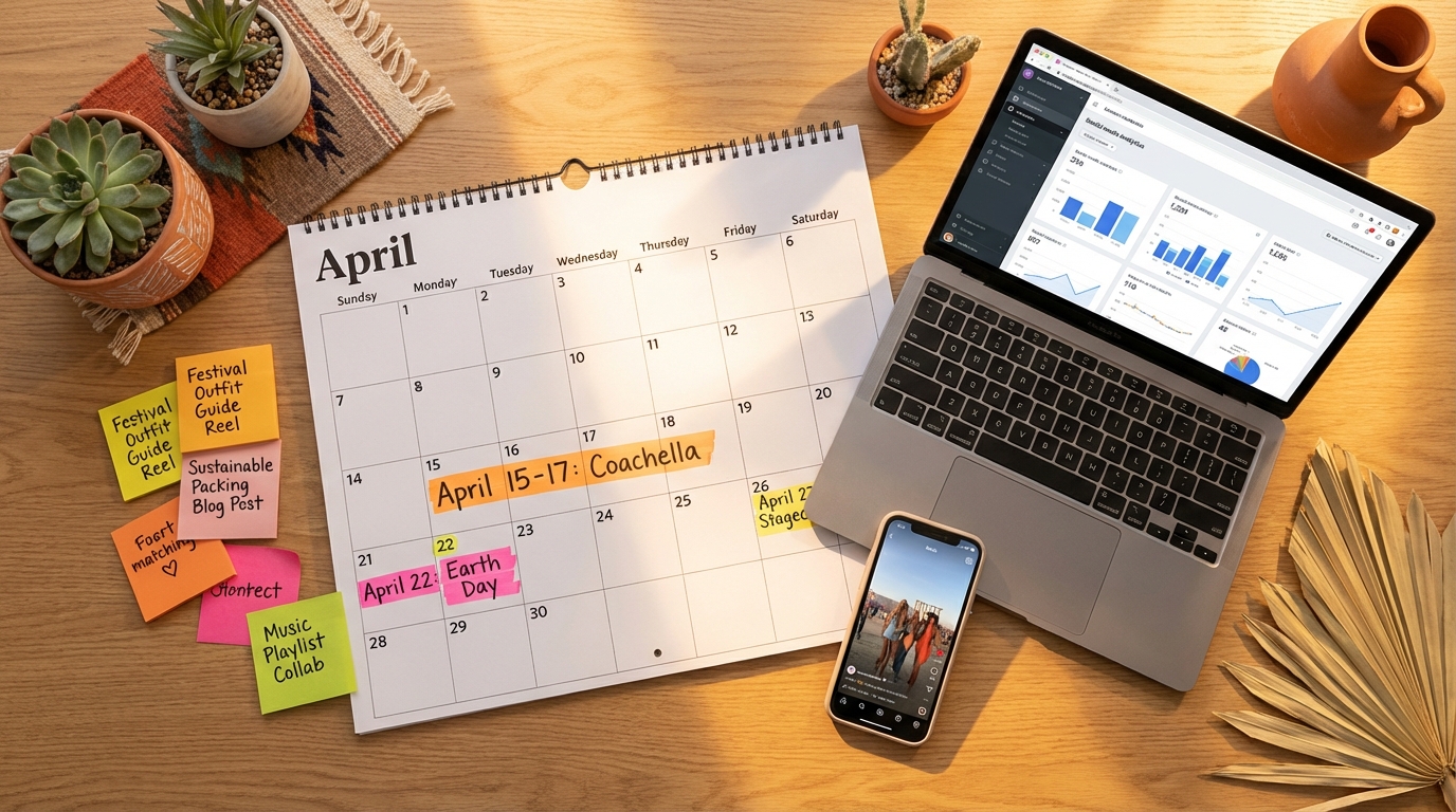 Content marketing planning calendar and social media analytics dashboard for Coachella spring campaign