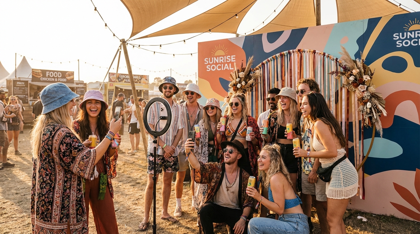 Content creators and micro-influencers filming TikTok videos at a branded festival activation