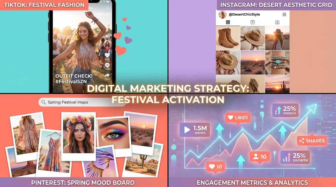 Multi-platform social media content strategy showing TikTok, Instagram and Pinterest festival content