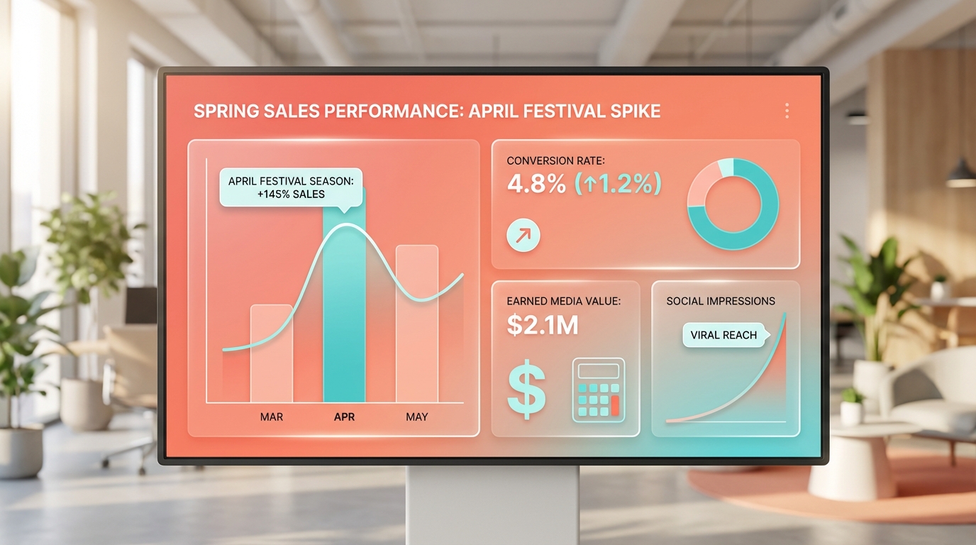 Spring sales analytics dashboard showing festival season conversion rates and earned media value metrics