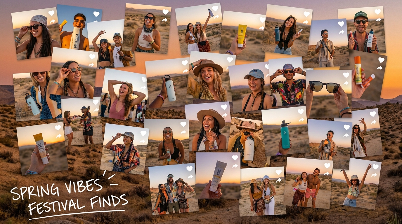 User-generated content collage from festival-goers featuring branded products in authentic desert settings