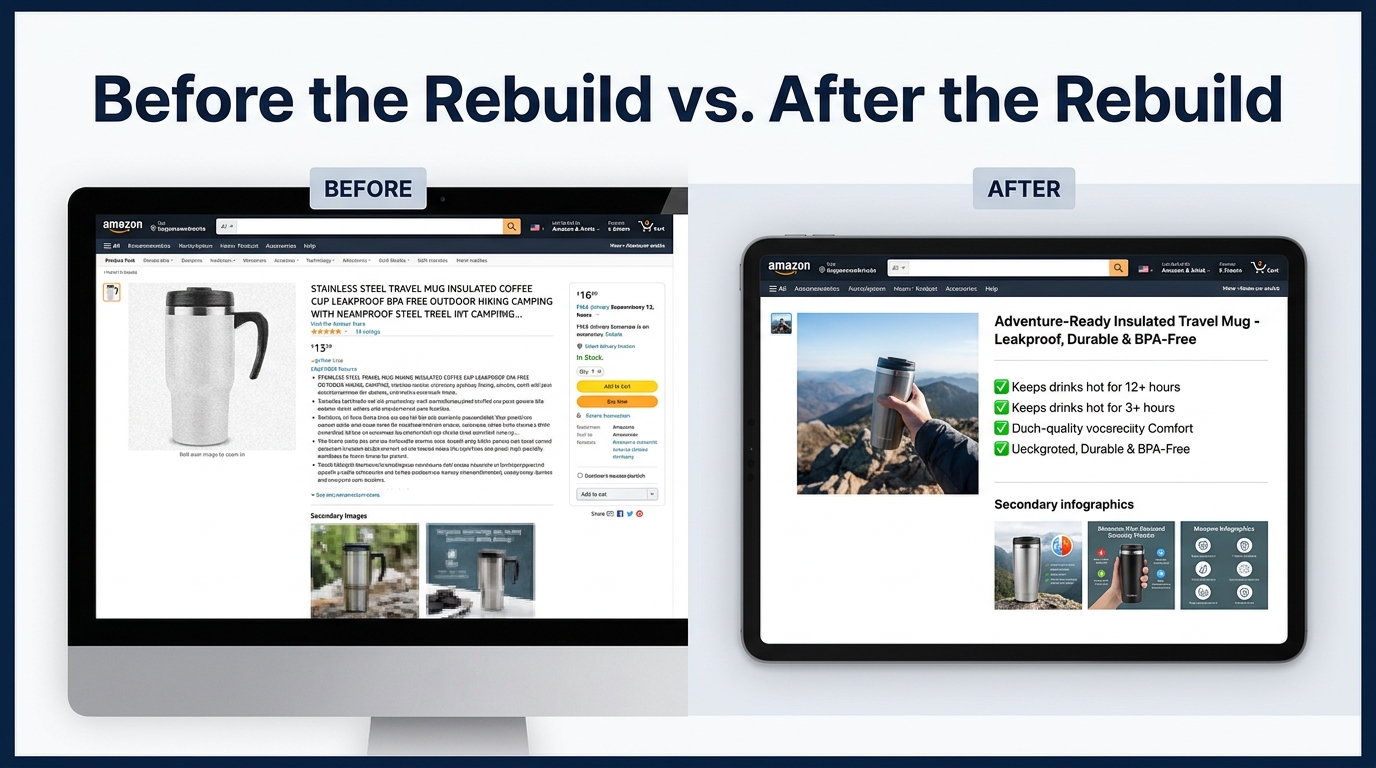 Before and after comparison of an Amazon listing rebuild — from cluttered, low-converting copy to a clean, high-converting listing with sharp images and benefit-driven bullets