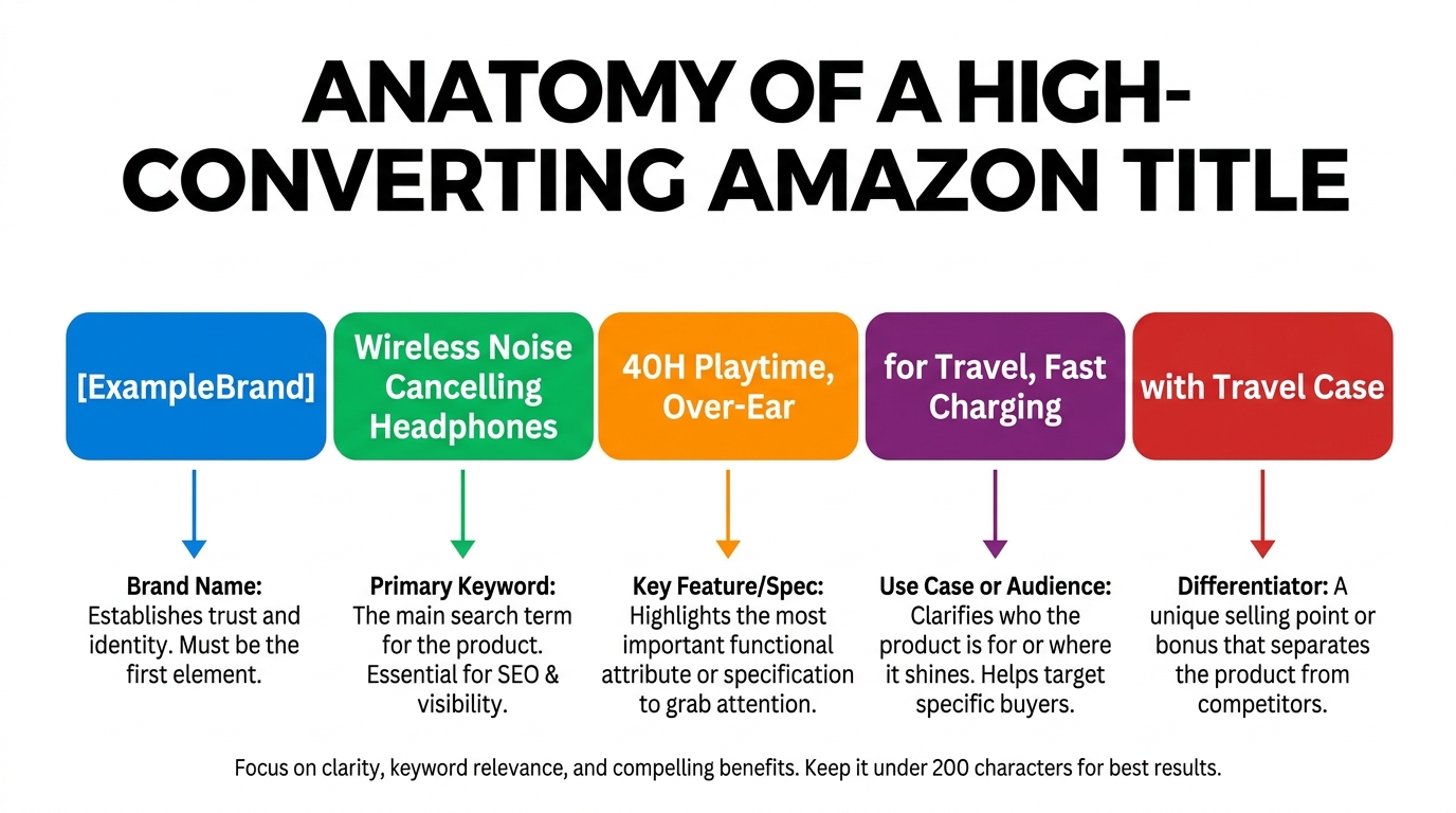 Anatomy of a high-converting Amazon title — color-coded diagram showing brand name, primary keyword, key feature, use case, and differentiator segments