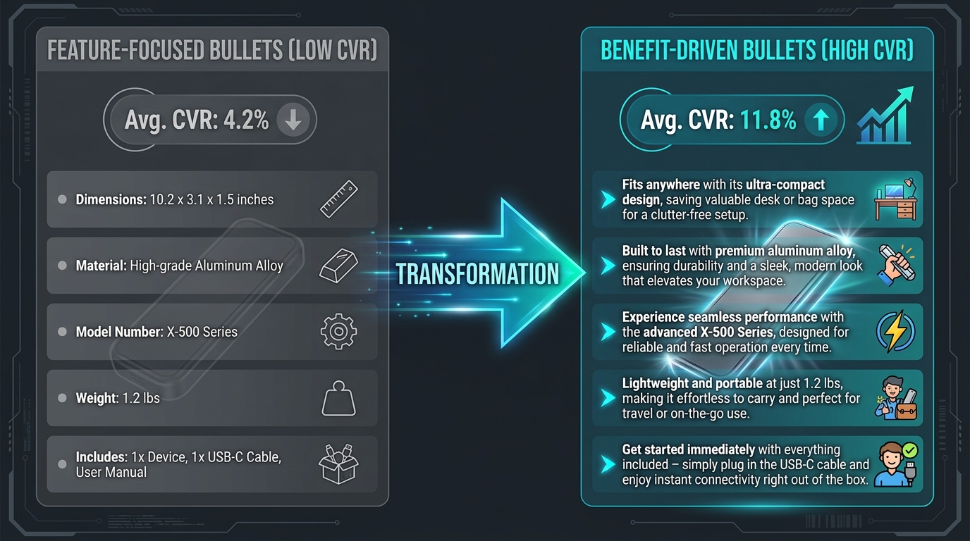 Side-by-side comparison of feature-focused bullets versus benefit-driven bullets with CVR statistics showing 4.2% versus 11.8% conversion rates