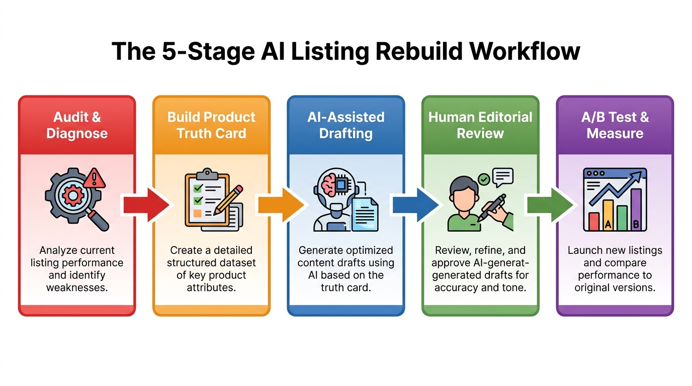 Five-stage AI listing rebuild workflow: Audit and Diagnose, Build Product Truth Card, AI-Assisted Drafting, Human Editorial Review, A/B Test and Measure