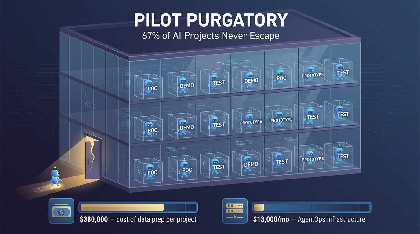Pilot Purgatory visualization — AI projects trapped in proof-of-concept stage with rising infrastructure costs