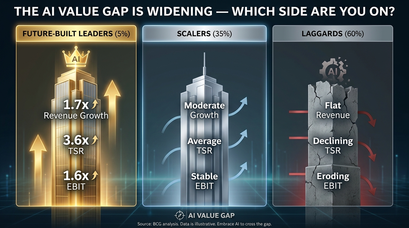 BCG AI Value Gap visualization — Future-Built Leaders vs Scalers vs Laggards with revenue and TSR comparisons