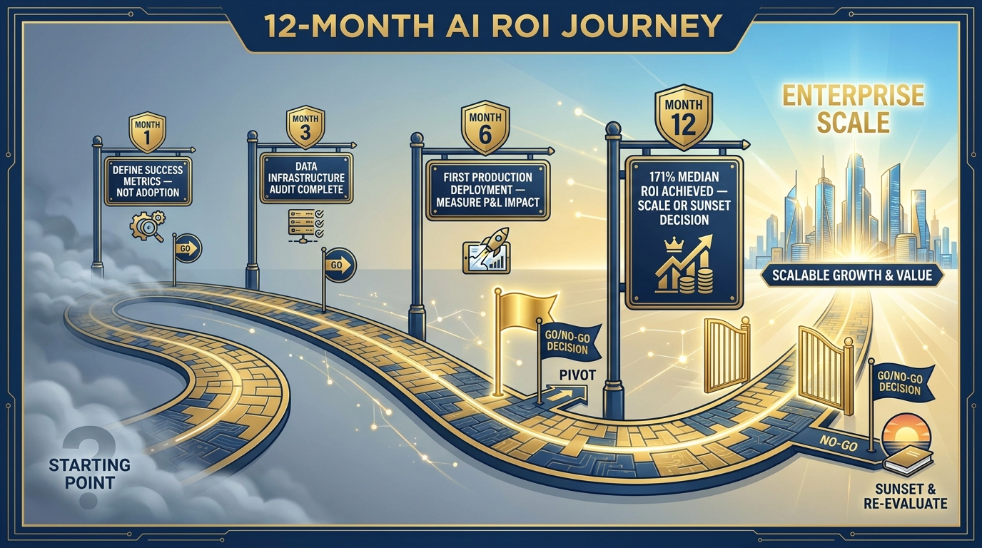 12-Month AI ROI Journey timeline — from pilot definition to enterprise scale with 171% median ROI