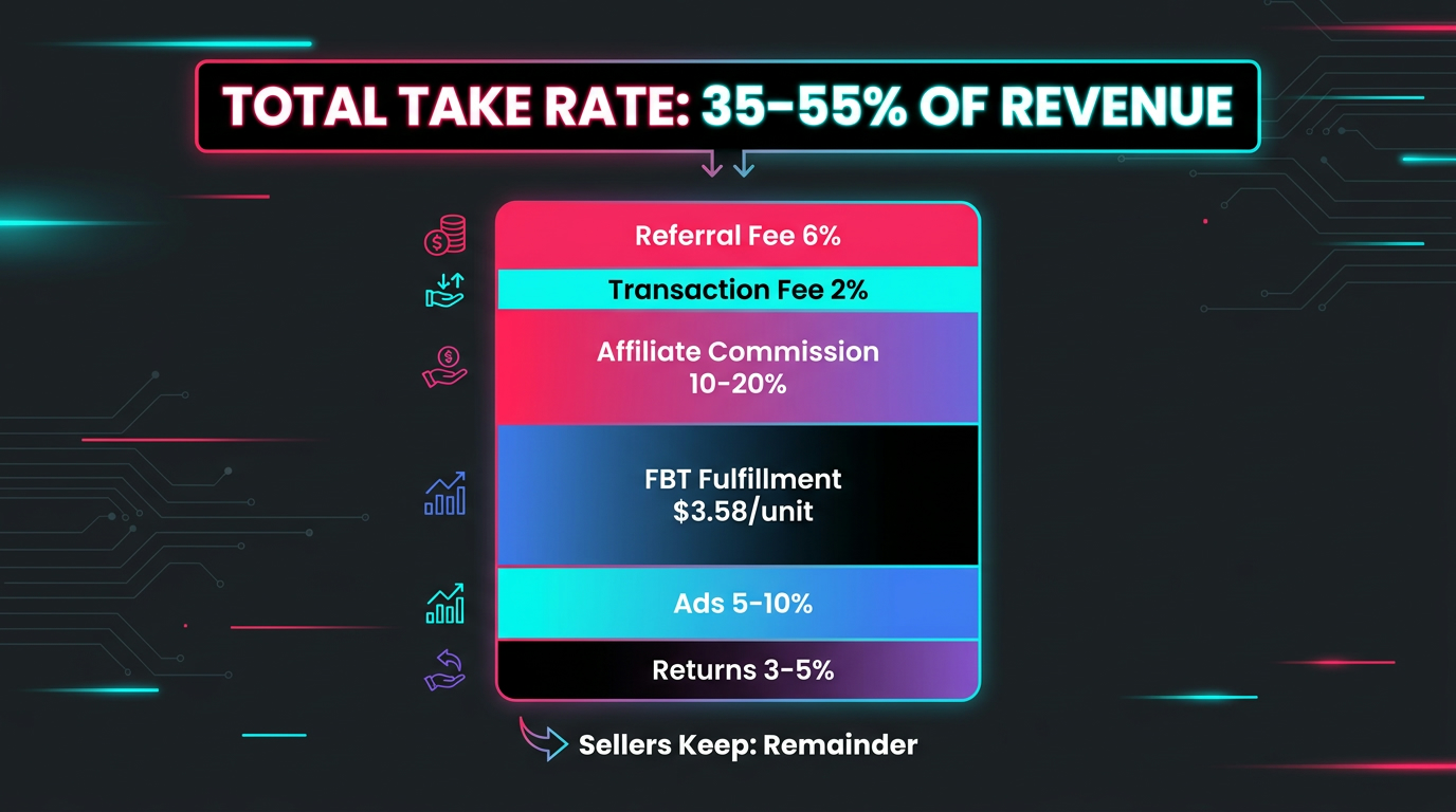 TikTok Shop full seller cost stack breakdown infographic showing 35-55% total take rate