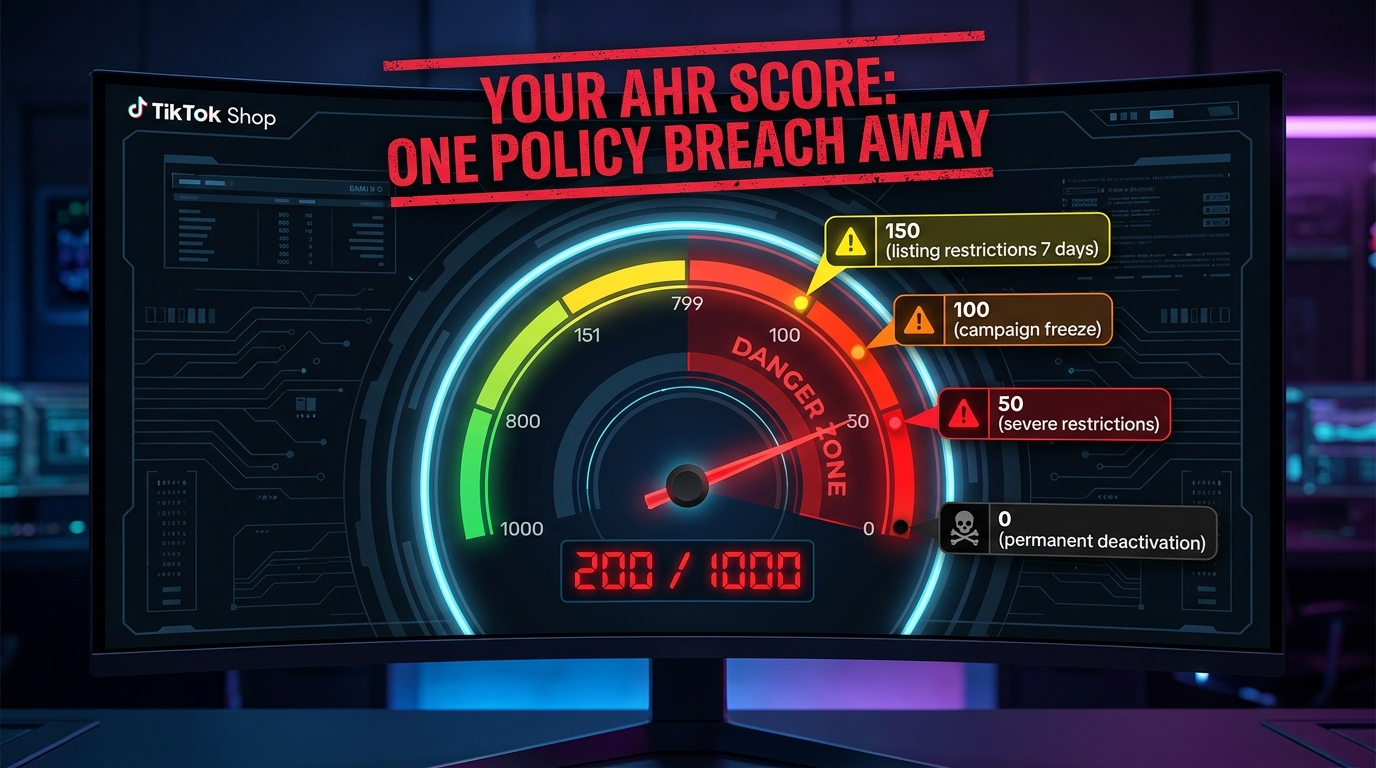 TikTok Shop Account Health Rating AHR dashboard showing danger zone score with escalating penalty thresholds