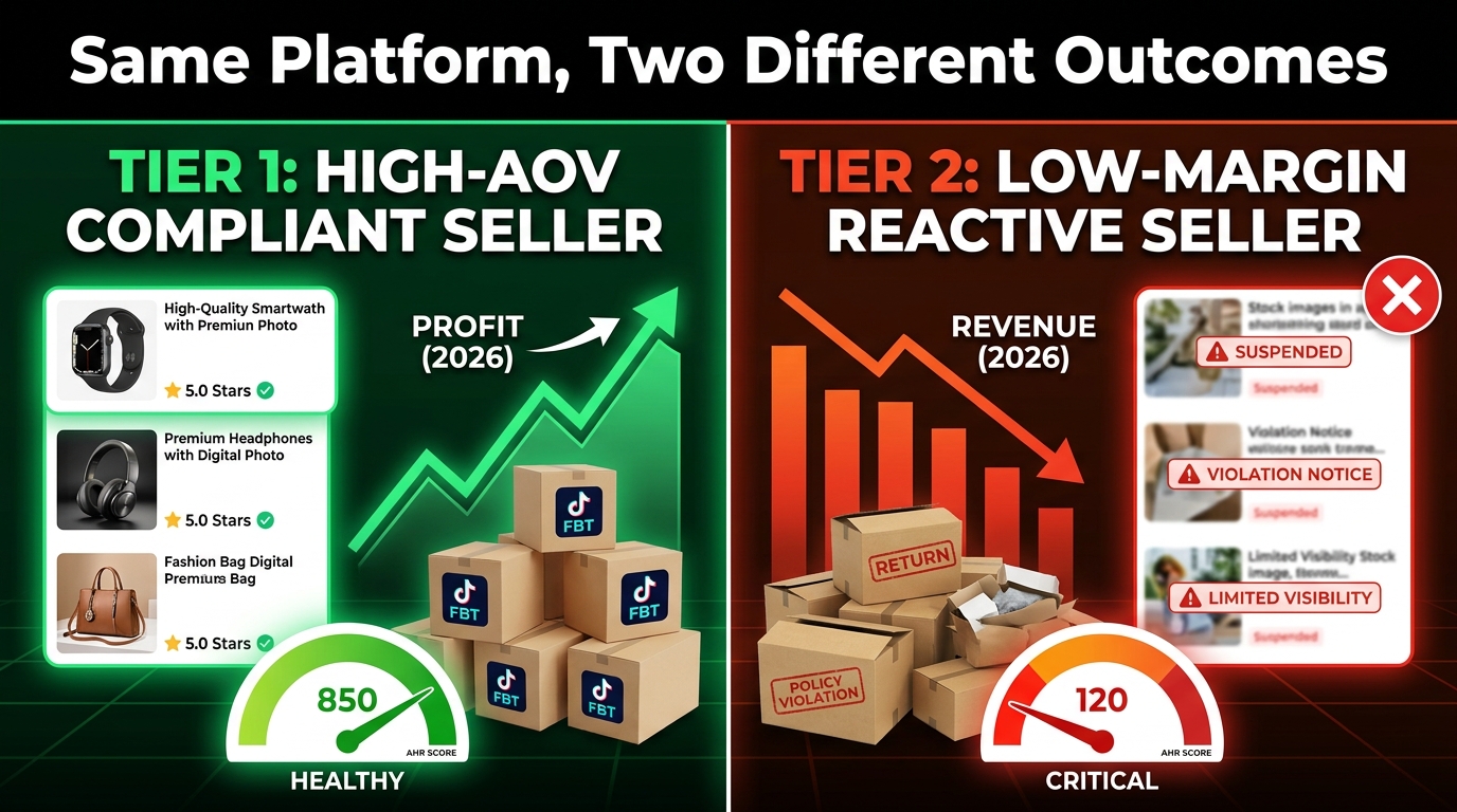 TikTok Shop two-tier seller market comparison showing high-AOV compliant sellers vs low-margin reactive sellers with different AHR scores and profit trajectories