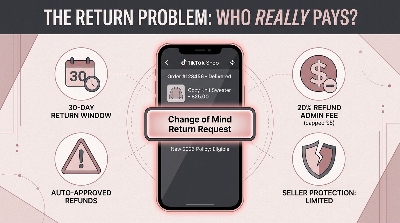 TikTok Shop refund policy changes 2026 showing auto-approved refunds change of mind return and seller protection limitations