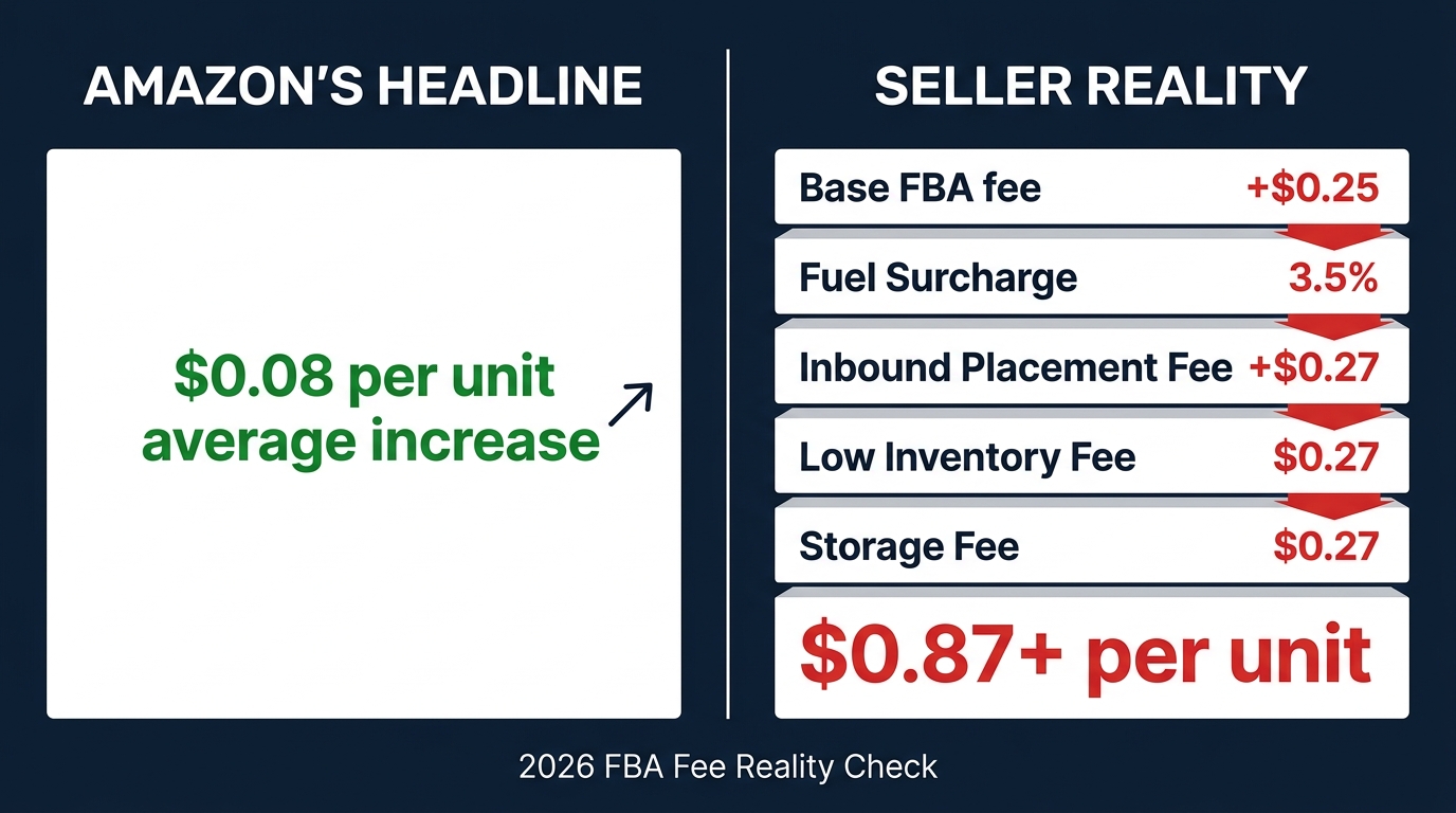 Amazon FBA 2026 Fee Reality Check — the gap between Amazon's headline $0.08 per unit average and the real all-in cost stack for sellers