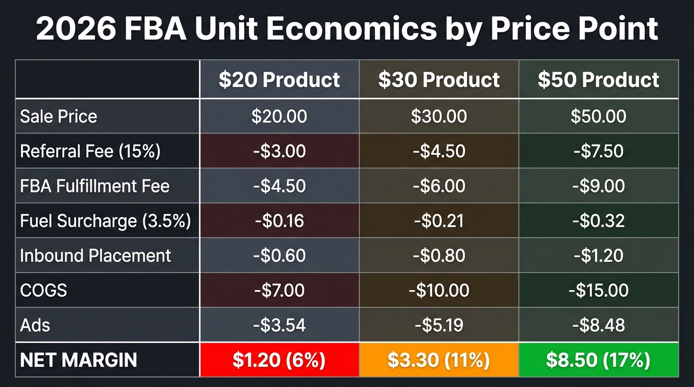 Unit economics breakdown table for $20, $30, and $50 Amazon FBA products in 2026 showing net margin compression across price points