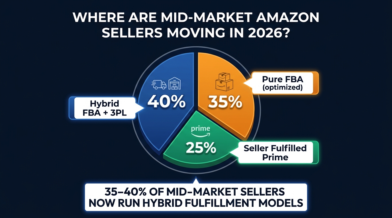 Pie chart showing 40% of mid-market Amazon sellers now using hybrid FBA plus 3PL fulfillment models in 2026