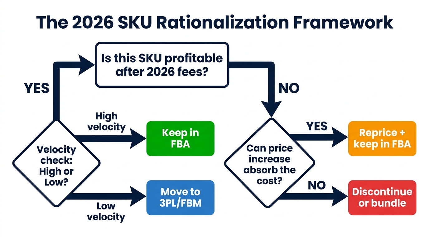 Decision flowchart showing the 2026 SKU rationalization framework for Amazon FBA sellers — keep, move, reprice, or discontinue