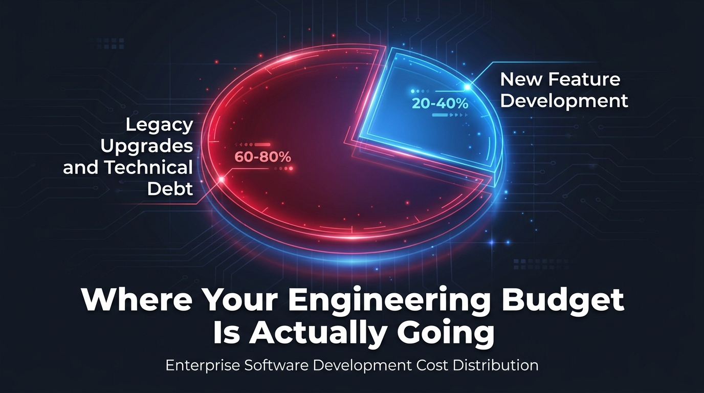Enterprise software development budget breakdown showing 60-80% consumed by legacy upgrades and technical debt