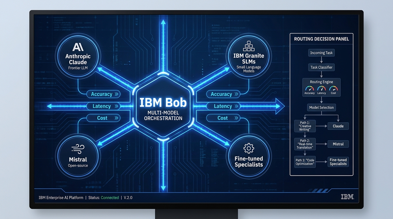 IBM Bob AI multi-model orchestration diagram showing routing between Claude, Mistral, IBM Granite, and fine-tuned specialists