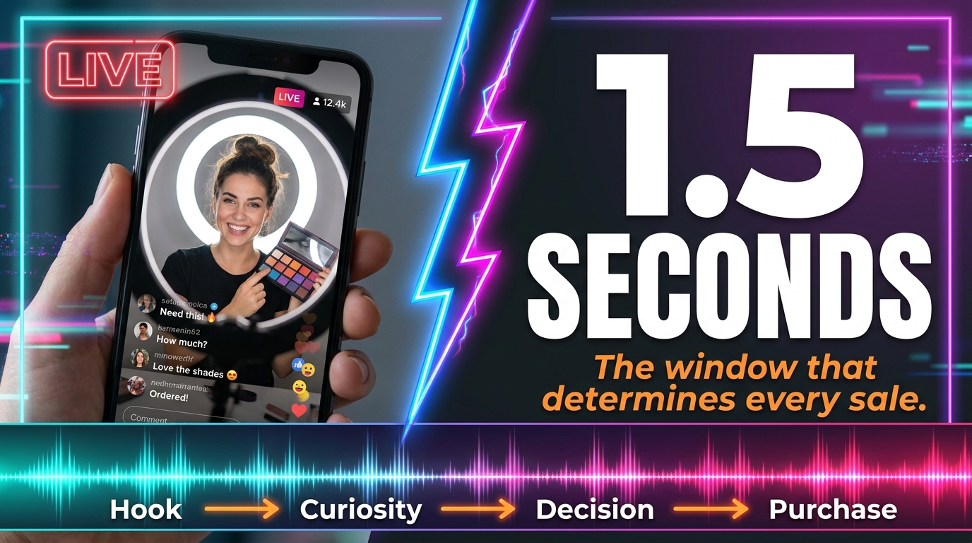 TikTok Live selling hook showing 1.5 seconds window that determines every sale