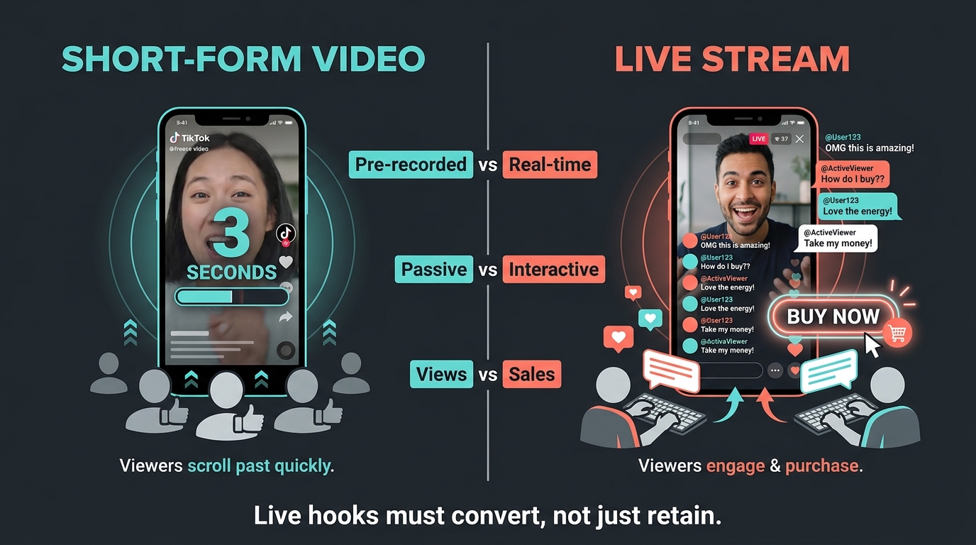 Comparison of TikTok short-form video hooks versus TikTok Live hooks showing key differences