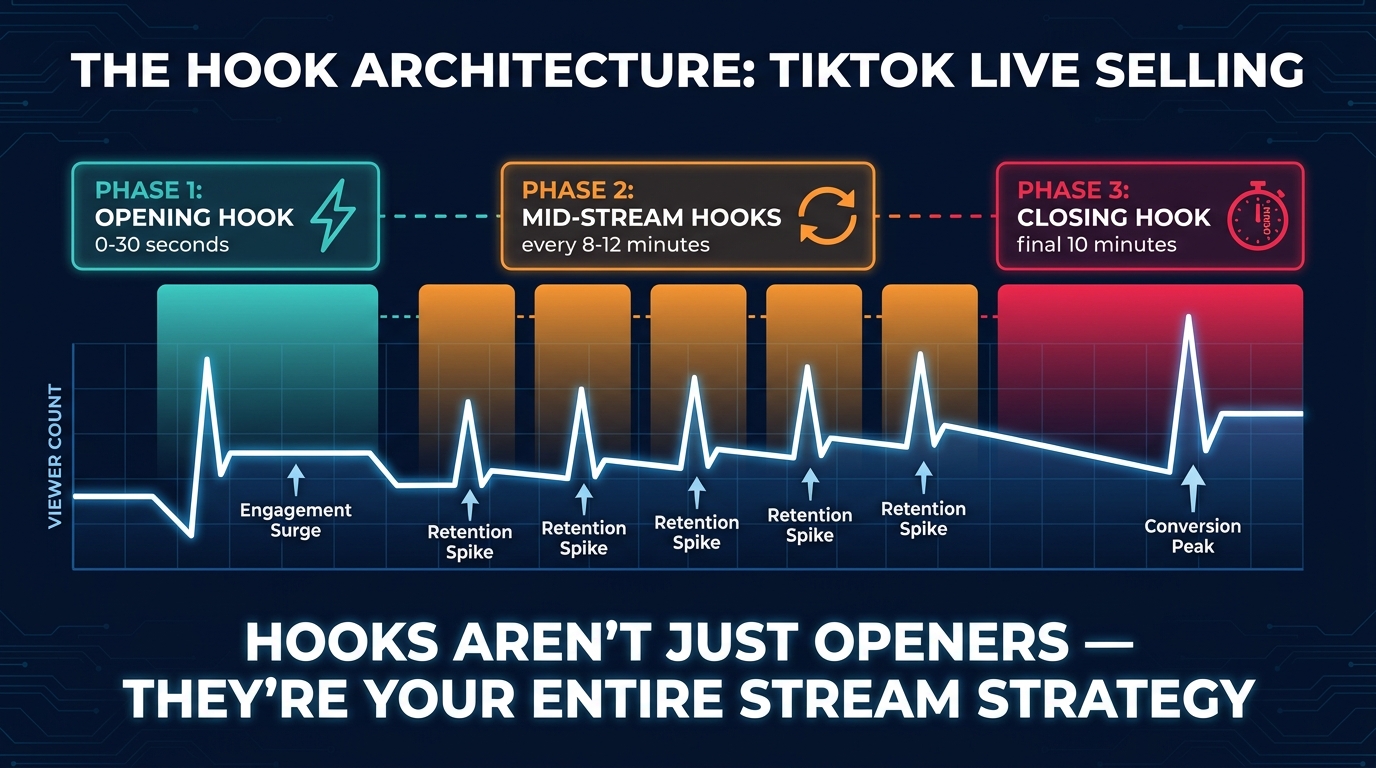TikTok Live hook architecture diagram showing opening mid-stream and closing hook phases
