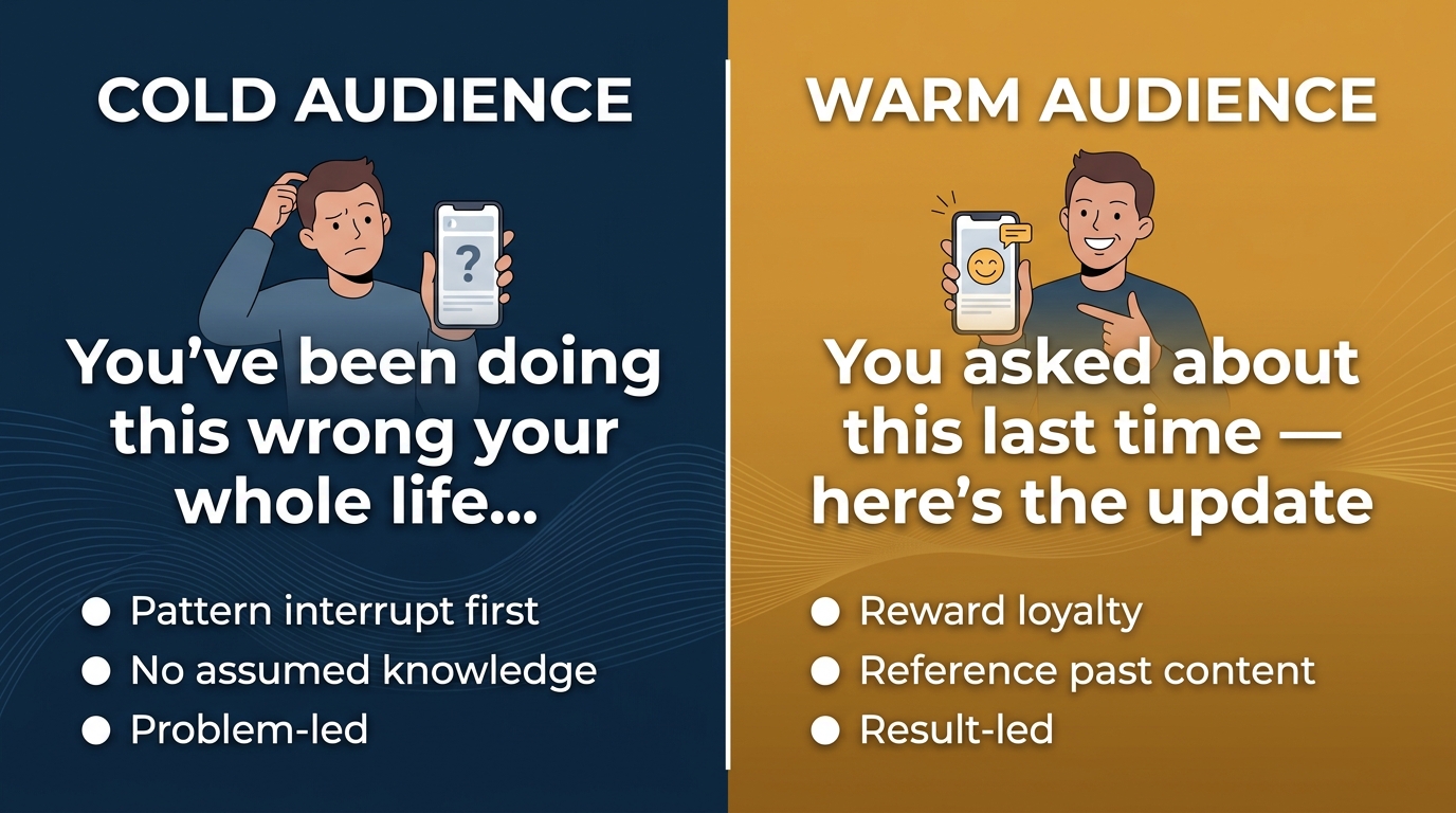 Warm versus cold audience TikTok Live hook comparison showing different approaches for each audience type