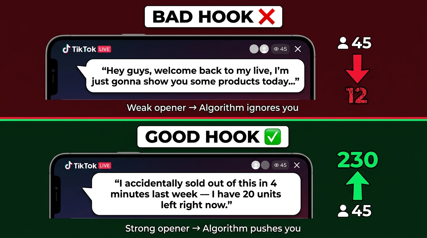 Before and after comparison of bad versus good TikTok Live hooks showing viewer count impact