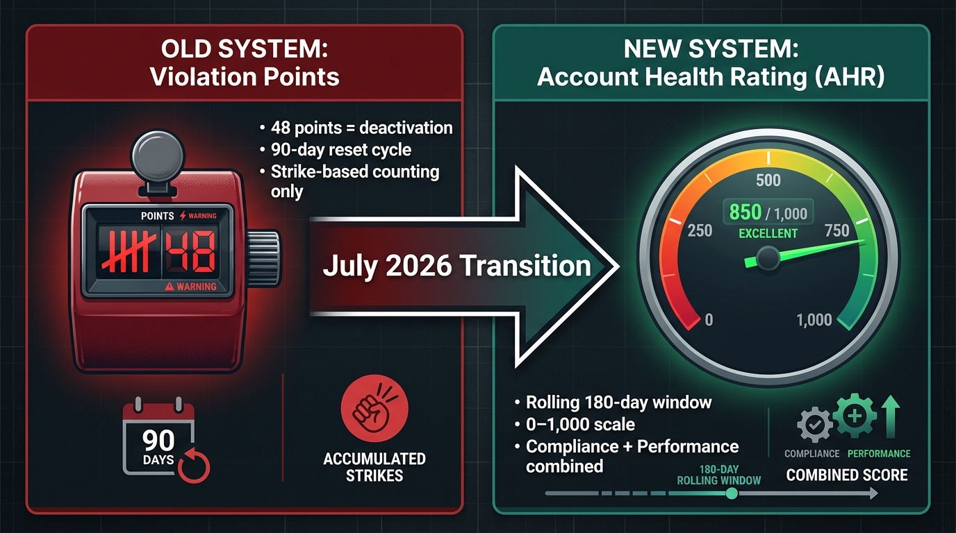 Split-screen comparison between the old Violation Points system and the new Account Health Rating system introduced in July 2026
