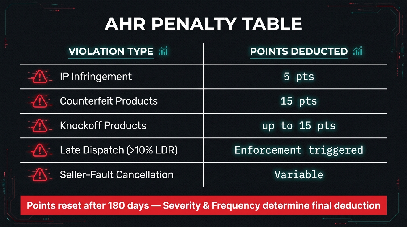 AHR penalty table showing violation types and corresponding point deductions including IP infringement and counterfeit products