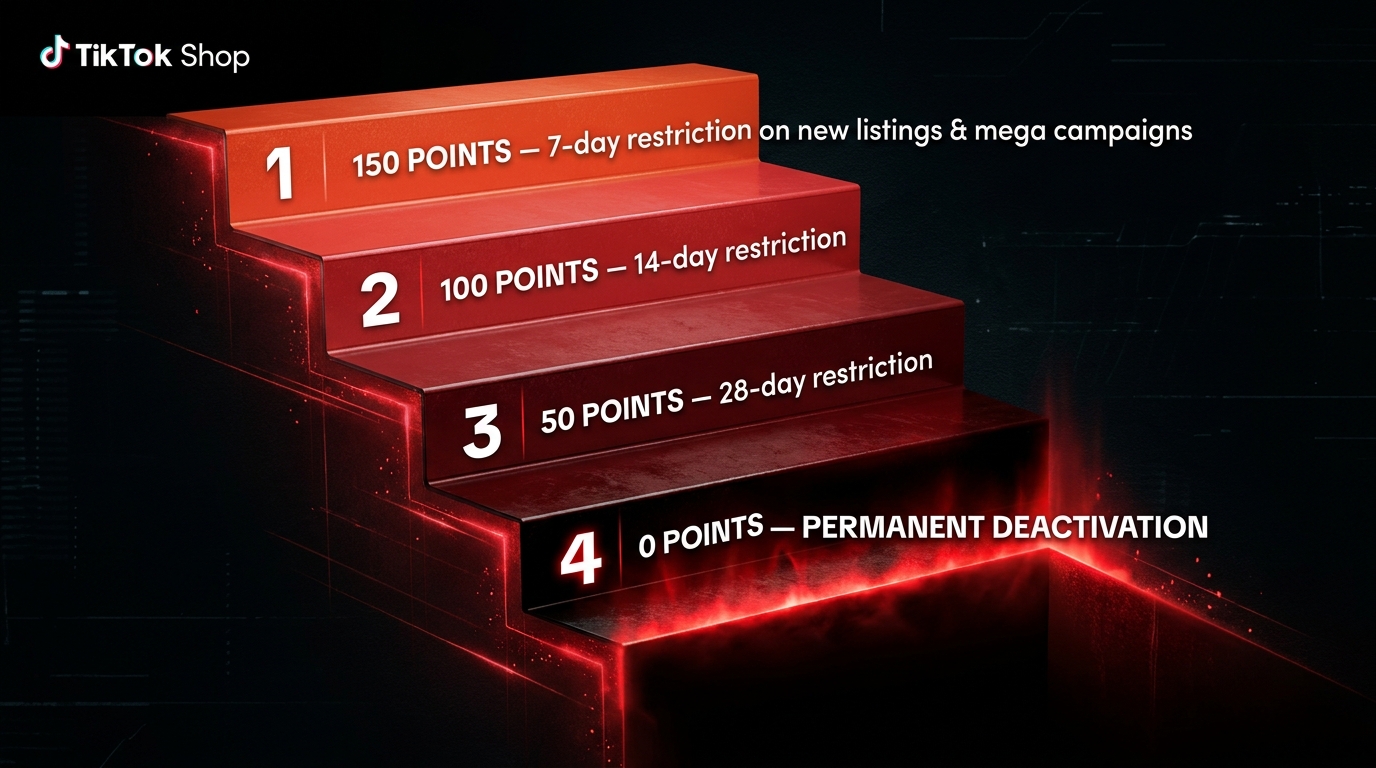 Staircase infographic showing TikTok Shop's four AHR enforcement milestones at 150, 100, 50, and 0 points with escalating penalties