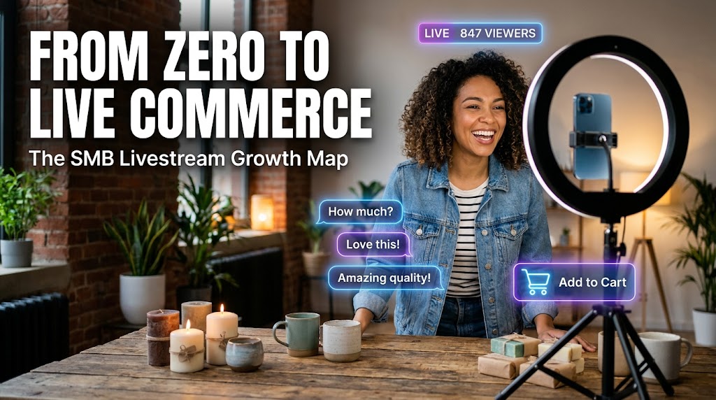 Small business owner running a professional livestream with viewer engagement overlays showing 847 live viewers and shopping cart interactions