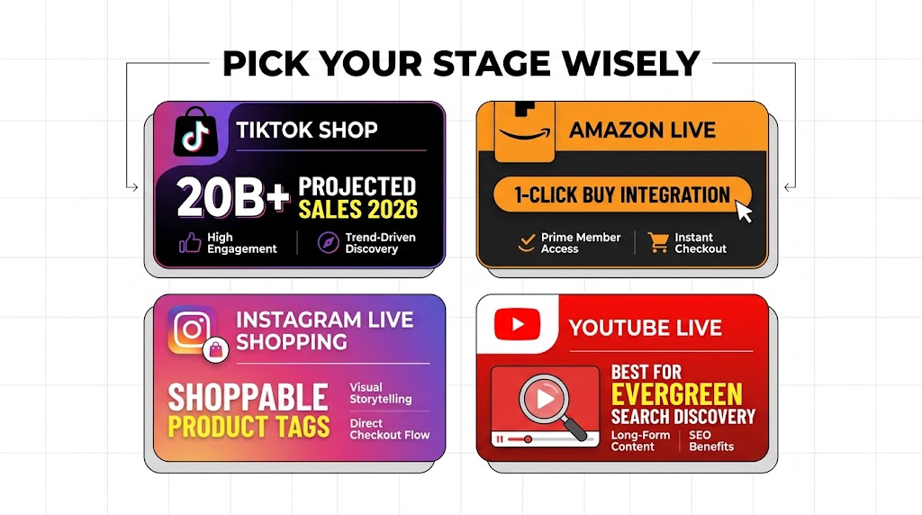 Platform comparison infographic showing TikTok Shop, Amazon Live, Instagram Live Shopping, and YouTube Live with key 2026 statistics