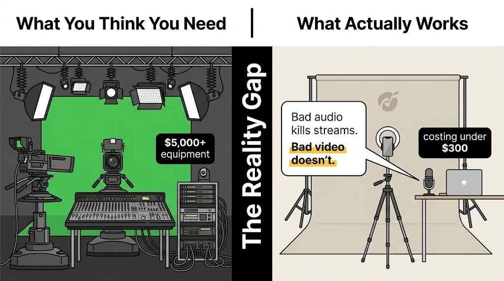 Side-by-side comparison showing expensive broadcast equipment labeled What You Think You Need versus a simple smartphone and ring light setup labeled What Actually Works, with callout: Bad audio kills streams. Bad video doesn't.