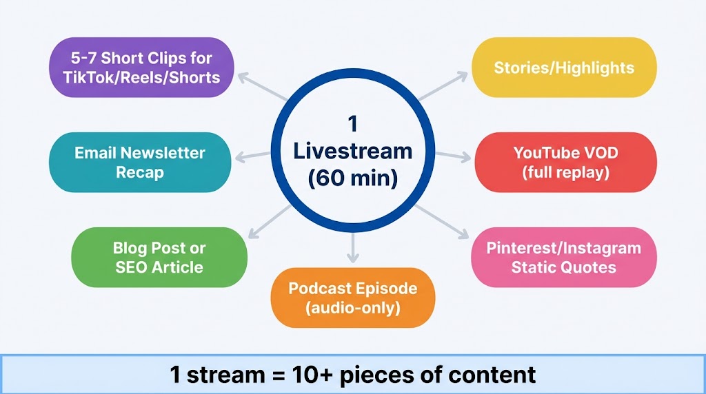 Content repurposing flowchart showing how one 60-minute livestream branches into short clips, email newsletters, blog posts, podcast episodes, social quotes, YouTube VOD replay, and stories