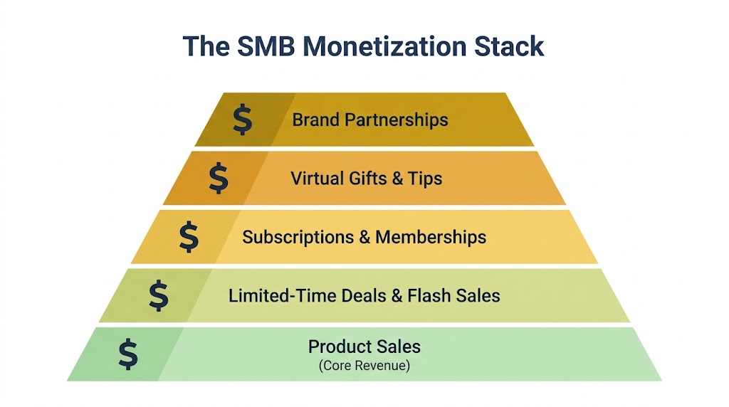 Pyramid diagram showing SMB livestream monetization stack from product sales at the base through flash sales, subscriptions, virtual gifts, and brand partnerships at the top