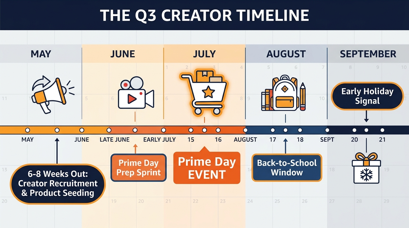 Q3 Amazon creator connections marketing calendar timeline showing Prime Day, back-to-school, and early holiday milestones