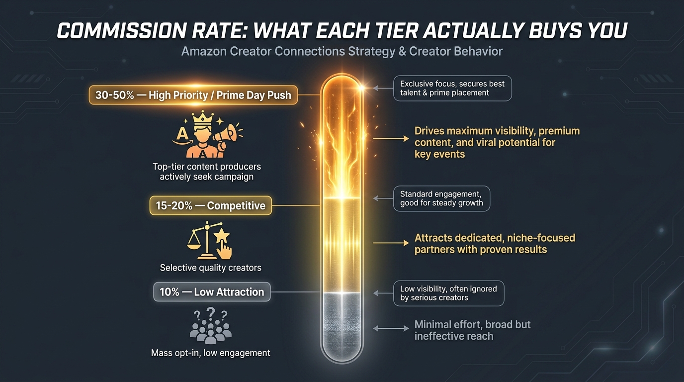 Infographic showing Amazon Creator Connections commission rate tiers from 10% to 50% and what each tier attracts