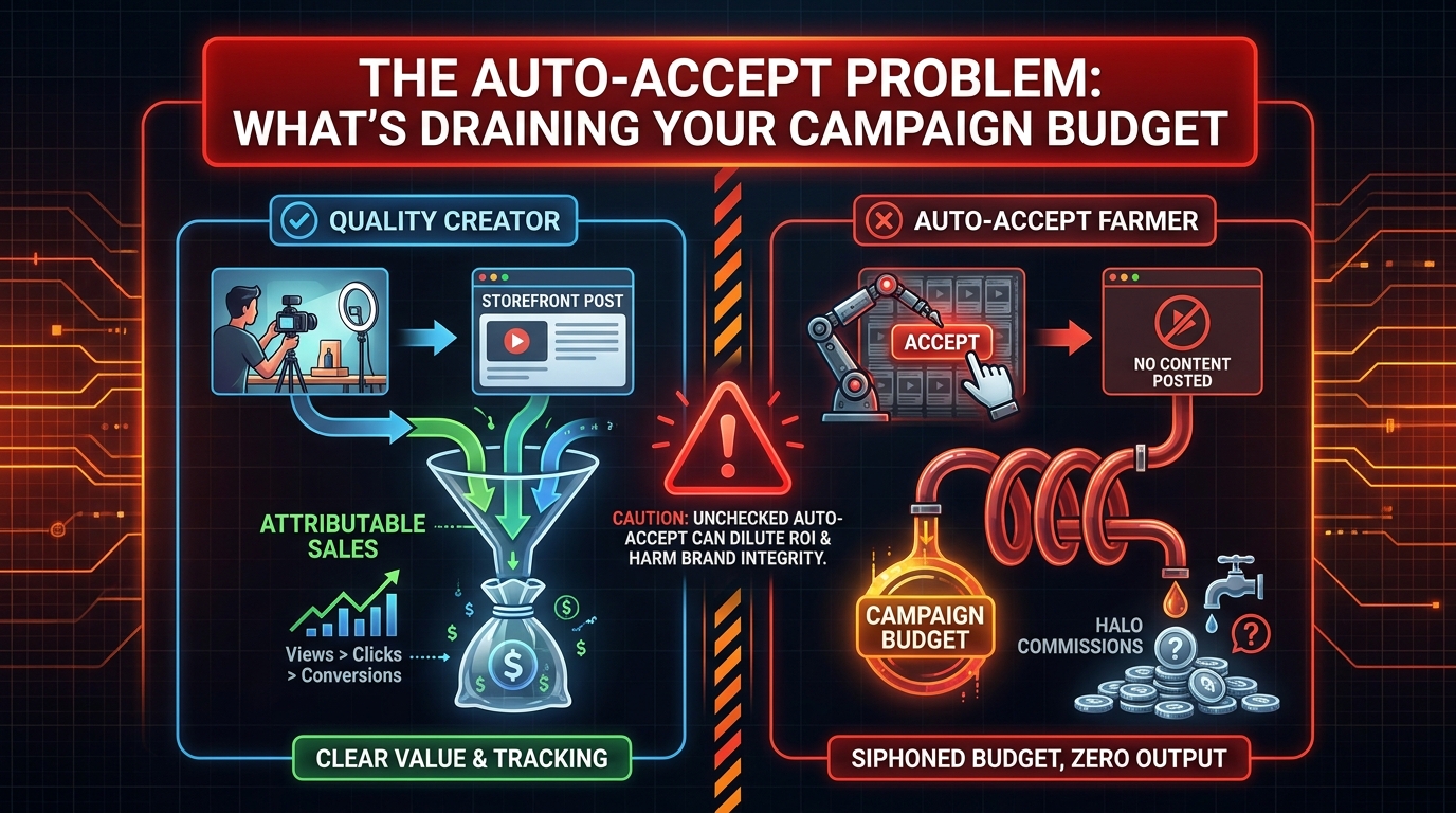 Diagram showing the auto-accept loophole in Amazon Creator Connections where creators mass-accept campaigns without posting content