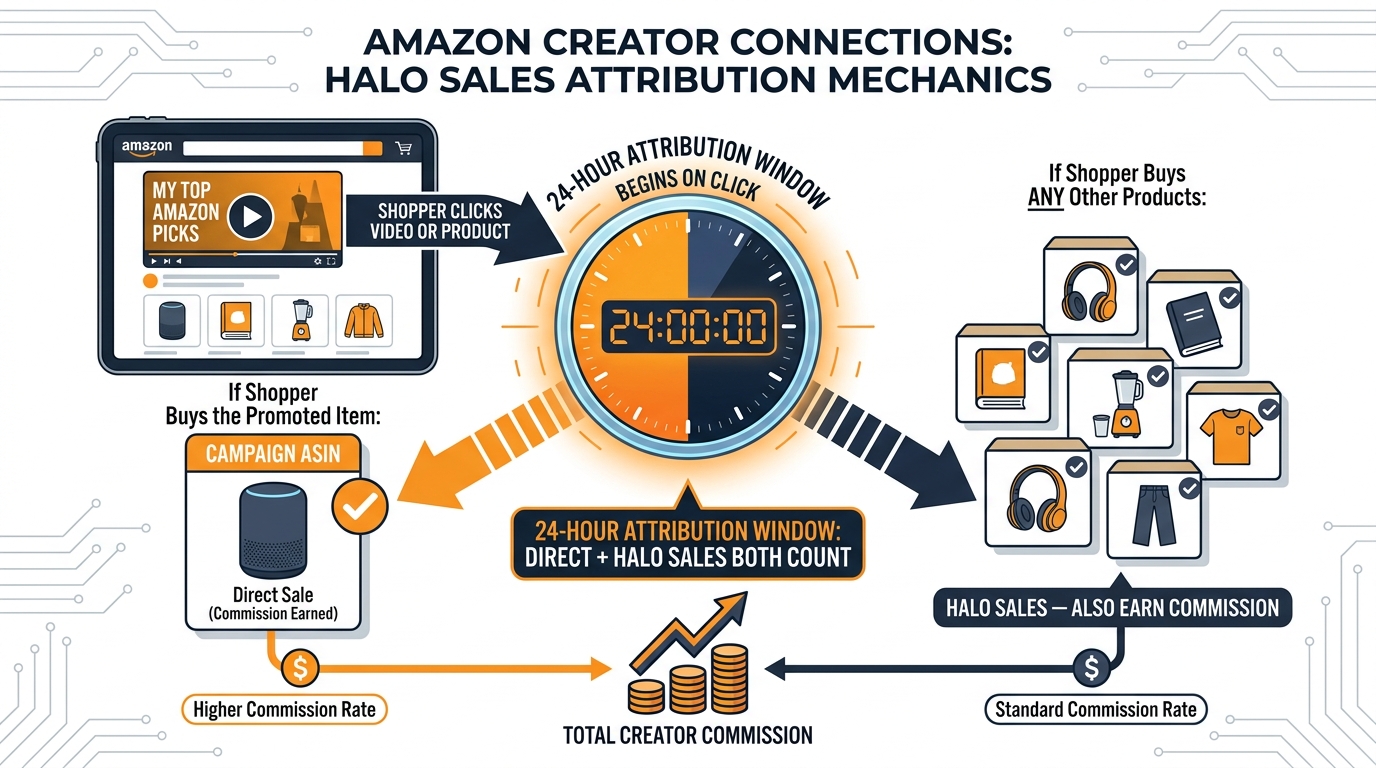 Diagram showing Amazon Creator Connections 24-hour attribution window with direct sales and halo sales both earning commissions