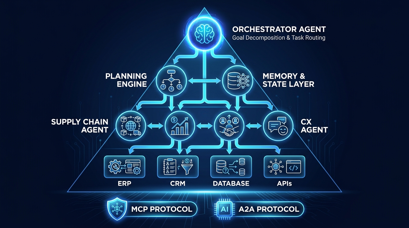 Multi-agent orchestration architecture diagram showing orchestrator agent routing tasks to domain-specific agents connected to ERP, CRM, and API tool integrations via MCP and A2A protocols