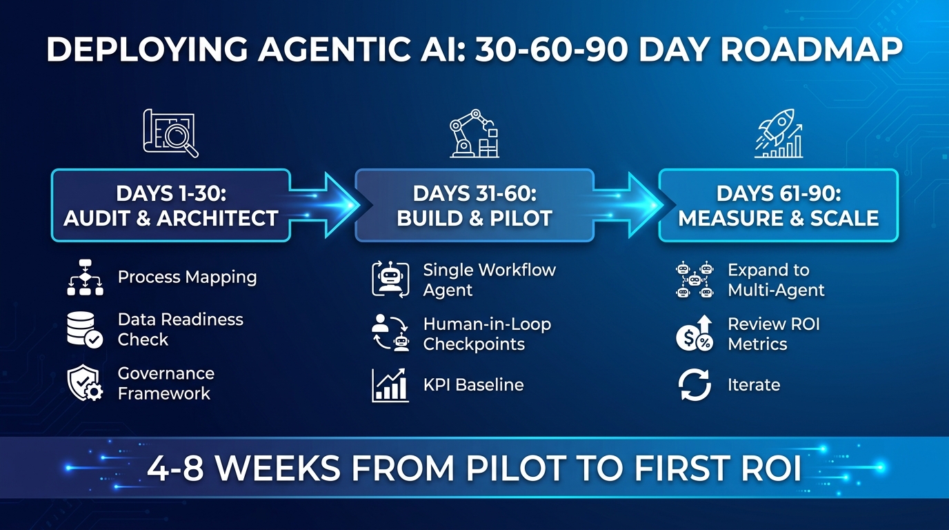 30-60-90 day agentic AI deployment roadmap: Phase 1 Audit and Architect, Phase 2 Build and Pilot, Phase 3 Measure and Scale — with 4-8 weeks to first ROI