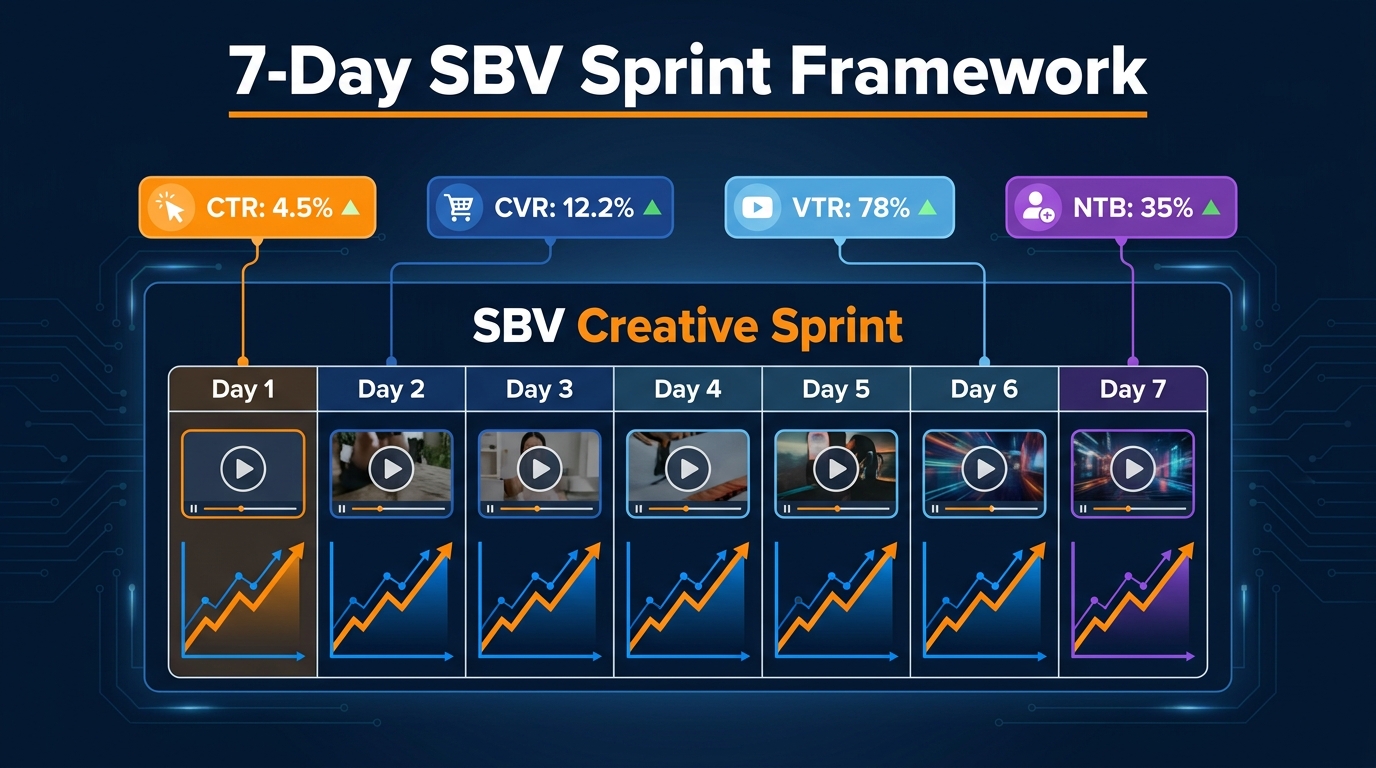 7-Day SBV Creative Sprint Framework infographic showing a calendar grid with rising performance metrics